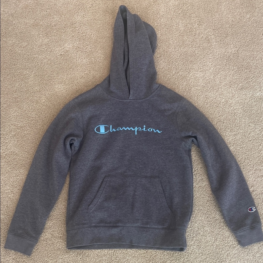Champion gray hoodie with light blue, boys youth large